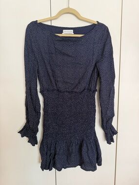 Urban Outfitters Navy Polka-Dot Smocked Long-Sleeve Mini Dress